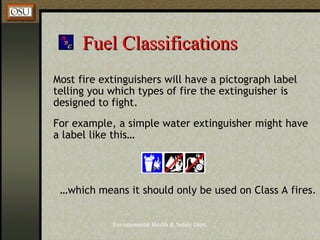 Environmental Health & Safety Dept.
Fuel ClassificationsFuel Classifications
Most fire extinguishers will have a pictograph label
telling you which types of fire the extinguisher is
designed to fight.
For example, a simple water extinguisher might have
a label like this…
…which means it should only be used on Class A fires.
 
