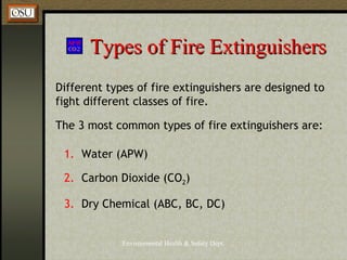 Environmental Health & Safety Dept.
Types of Fire ExtinguishersTypes of Fire Extinguishers
Different types of fire extinguishers are designed to
fight different classes of fire.
The 3 most common types of fire extinguishers are:
1. Water (APW)
2. Carbon Dioxide (CO2)
3. Dry Chemical (ABC, BC, DC)
 