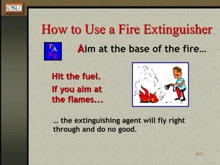 HCC
How to Use a Fire Extinguisher
Aim at the base of the fire…
Hit the fuel.
If you aim at
the flames...
… the extinguishing agent will fly right
through and do no good.
 