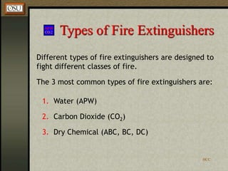 HCC
Types of Fire Extinguishers
Different types of fire extinguishers are designed to
fight different classes of fire.
The 3 most common types of fire extinguishers are:
1. Water (APW)
2. Carbon Dioxide (CO2)
3. Dry Chemical (ABC, BC, DC)
 