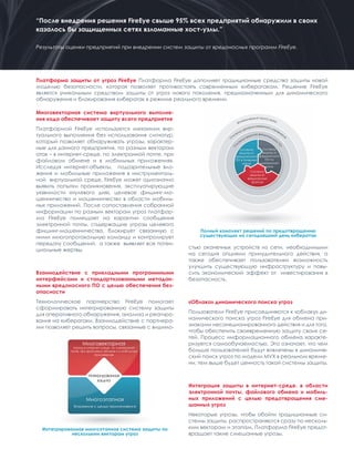 Динамический поиск угроз
С
истема централизованного управления
С
истема анализа вредоносного
ПО
Система
защиты от
вредоносного
ПО в Интернет-
среде
Система
защиты от
вредоносного
ПО по
электронной
почте
Система
защиты от
вредоносных
файлов
Платформа защиты от угроз FireEye Платформа FireEye дополняет традиционные средства защиты новой
моделью безопасности, которая позволяет противостоять современным кибератакам. Решение FireEye
является уникальным средством защиты от угроз нового поколения, предназначенным для динамического
обнаружения и блокирования кибератак в режиме реального времени.
Полный комплект решений по предотвращению
существующих на сегодняшний день кибератак
Многовекторная
Угрозы в интернет-среде, по электронной
почте, при файловом обмене и в мобильных
приложениях
Многоэтапная
Вторжение с целью проникновения
Интегрированная
защита
Интегрированная многоэтапная система защиты по
нескольким векторам угроз
“После внедрения решения FireEye свыше 95% всех предприятий обнаружили в своих
казалось бы защищенных сетях взломанные хост-узлы.”
Результаты оценки предприятий при внедрении систем защиты от вредоносных программ FireEye.
Многовекторная система виртуального выполне-
ния кода обеспечивает защиту всего предприятия
Платформой FireEye используется механизм вир-
туального выполнения без использования сигнатур,
который позволяет обнаруживать угрозы, характер-
ные для данного предприятия, по разным векторам
атак – в интернет-среде, по электронной почте, при
файловом обмене и в мобильных приложениях.
Исследуя интернет-объекты, подозрительные вло-
жения и мобильные приложения в инструменталь-
ной виртуальной среде, FireEye может однозначно
выявить попытки проникновения, эксплуатирующие
уязвимости «нулевого дня», целевое фишинг-мо-
шенничество и мошенничество в области мобиль-
ных приложений. После сопоставления собранной
информации по разным векторам угроз платфор-
ма FireEye помещает на карантин сообщения
электронной почты, содержащие угрозы целевого
фишинг-мошенничества, блокирует связанную с
ними многопротокольную команду и контролирует
передачу сообщений, а также выявляет все потен-
циальные жертвы.
Взаимодействие с прикладными программными
интерфейсами и стандартизованными метадан-
ными вредоносного ПО с целью обеспечения без-
опасности
Технологическое партнерство FireEye помогает
сформировать интегрированную систему защиты
для оперативного обнаружения, анализа и реагиро-
вания на кибератаки. Взаимодействие с партнера-
ми позволяет решить вопросы, связанные с видимо-
стью оконечных устройств из сети, необходимыми
на сегодня опциями принудительного действия, а
также обеспечивает пользователям возможность
улучшить существующую инфраструктуру и повы-
сить экономический эффект от инвестирования в
безопасность.
«Облако» динамического поиска угроз
Пользователи FireEye присоединяются к «облаку» ди-
намического поиска угроз FireEye для обмена при-
знаками несанкционированного действия и для того,
чтобы обеспечить своевременную защиту своих се-
тей. Процесс информационного обмена характе-
ризуется самообучаемостью. Это означает, что чем
больше пользователей будут вовлечены в динамиче-
ский поиск угроз по модели MVX в реальном време-
ни, тем выше будет ценность такой системы защиты.
Интеграция защиты в интернет-среде, в области
электронной почты, файлового обмена и мобиль-
ных приложений с целью предотвращения сме-
шанных угроз
Некоторые угрозы, чтобы обойти традиционные си-
стемы защиты, распространяются сразу по несколь-
ким векторам и этапам. Платформа FireEye предот-
вращает такие смешанные угрозы.
 