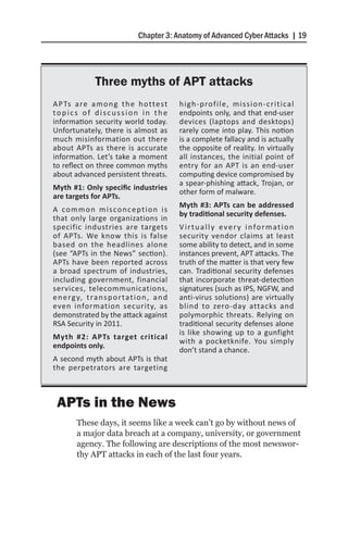 Chapter 3: Anatomy of Advanced Cyber Attacks | 19




                Three myths of APT attacks
A P Ts a re a m o n g t h e h o tte st           high-profile, mission-critical
topics of discussion in the                      endpoints only, and that end-user
information security world today.                devices (laptops and desktops)
Unfortunately, there is almost as                rarely come into play. This notion
much misinformation out there                    is a complete fallacy and is actually
about APTs as there is accurate                  the opposite of reality. In virtually
information. Let’s take a moment                 all instances, the initial point of
to reflect on three common myths                 entry for an APT is an end-user
about advanced persistent threats.               computing device compromised by
                                                 a spear-phishing attack, Trojan, or
Myth #1: Only specific industries
                                                 other form of malware.
are targets for APTs.
                                                 Myth #3: APTs can be addressed
A co m m o n m i s co n c e p t i o n i s
                                                 by traditional security defenses.
that only large organizations in
specific industries are targets                  V i r t u a l l y e v e r y i n fo r m a t i o n
of APTs. We know this is false                   security vendor claims at least
based on the headlines alone                     some ability to detect, and in some
(see “APTs in the News” section).                instances prevent, APT attacks. The
APTs have been reported across                   truth of the matter is that very few
a broad spectrum of industries,                  can. Traditional security defenses
including government, financial                  that incorporate threat-detection
services, telecommunications,                    signatures (such as IPS, NGFW, and
e n e rg y, t ra n s p o r t a t i o n , a n d   anti-virus solutions) are virtually
even information security, as                    blind to zero-day attacks and
demonstrated by the attack against               polymorphic threats. Relying on
RSA Security in 2011.                            traditional security defenses alone
                                                 is like showing up to a gunfight
Myth #2: APTs target critical
                                                 with a pocketknife. You simply
endpoints only.
                                                 don’t stand a chance.
A second myth about APTs is that
the perpetrators are targeting



 APTs in the News
         These days, it seems like a week can’t go by without news of
         a major data breach at a company, university, or government
         agency. The following are descriptions of the most newswor-
         thy APT attacks in each of the last four years.
 