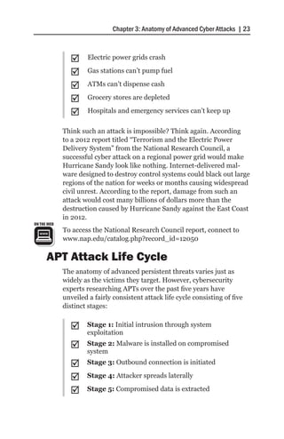 Chapter 3: Anatomy of Advanced Cyber Attacks | 23



               ;;     Electric power grids crash

               ;;     Gas stations can’t pump fuel

               ;;     ATMs can’t dispense cash

               ;;     Grocery stores are depleted

               ;;     Hospitals and emergency services can’t keep up

             Think such an attack is impossible? Think again. According
             to a 2012 report titled “Terrorism and the Electric Power
             Delivery System” from the National Research Council, a
             successful cyber attack on a regional power grid would make
             Hurricane Sandy look like nothing. Internet-delivered mal-
             ware designed to destroy control systems could black out large
             regions of the nation for weeks or months causing widespread
             civil unrest. According to the report, damage from such an
             attack would cost many billions of dollars more than the
             destruction caused by Hurricane Sandy against the East Coast
             in 2012.
ON THE WEB
             To access the National Research Council report, connect to
             www.nap.edu/catalog.php?record_id=12050

      APT Attack Life Cycle
             The anatomy of advanced persistent threats varies just as
             widely as the victims they target. However, cybersecurity
             experts researching APTs over the past five years have
             unveiled a fairly consistent attack life cycle consisting of five
             distinct stages:


               ;;    Stage 1: Initial intrusion through system
                     exploitation
               ;;    Stage 2: Malware is installed on compromised
                     system
               ;;    Stage 3: Outbound connection is initiated

               ;;    Stage 4: Attacker spreads laterally

               ;;    Stage 5: Compromised data is extracted
 