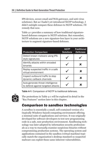 36 | Definitive Guide to Next-Generation Threat Protection


           IPS devices, secure email and Web gateways, and anti-virus
           solutions). But as I hadn’t yet introduced NGTP technology, I
           didn’t outright compare these defenses to NGTP solutions. I’ll
           remedy that now.
           Table 4-1 provides a summary of how traditional signature-
           based defenses compare to NGTP solutions. But remember,
           NGTP solutions are a new signature-less layer in your archi-
           tecture to augment signature-based defenses.


                                                        NGTP       Traditional
            Protection Comparison                      Solutions    Defenses
            Detect known malware using IPS-
            style signatures                                          
            Identify attacks within encoded
            binaries                                                 
            Replay suspected traffic in a safe
            virtual environment                                       
                                                                      
            Inspect outbound traffic to stop
            dynamic callback channels                                 
                                                                      
            Auto-generate threat intelligence
            to defend against targeted attacks                        
                                                                      
           Table 4-1: Comparison of NGTP to traditional defenses.
  TIP
           The protections in Table 4-1 will be explored in detail in the
           “Key Features” section later in this chapter.

           Comparison to sandbox technologies
           A sandbox is essentially a small, self-contained version of a
           (typically Windows-based) computing environment offering
           a minimal suite of applications and services. It was originally
           developed for software developers to test new programming
           code in a safe, non-production environment. Sandboxing tech-
           nology was later adopted by information security profession-
           als as a way to manually examine suspicious binaries without
           compromising production systems. The operating system and
           applications contained in the sandbox (virtual machine) typi-
           cally match the organization’s desktop standard so suspected
           malware can exploit those same inherent vulnerabilities.
 