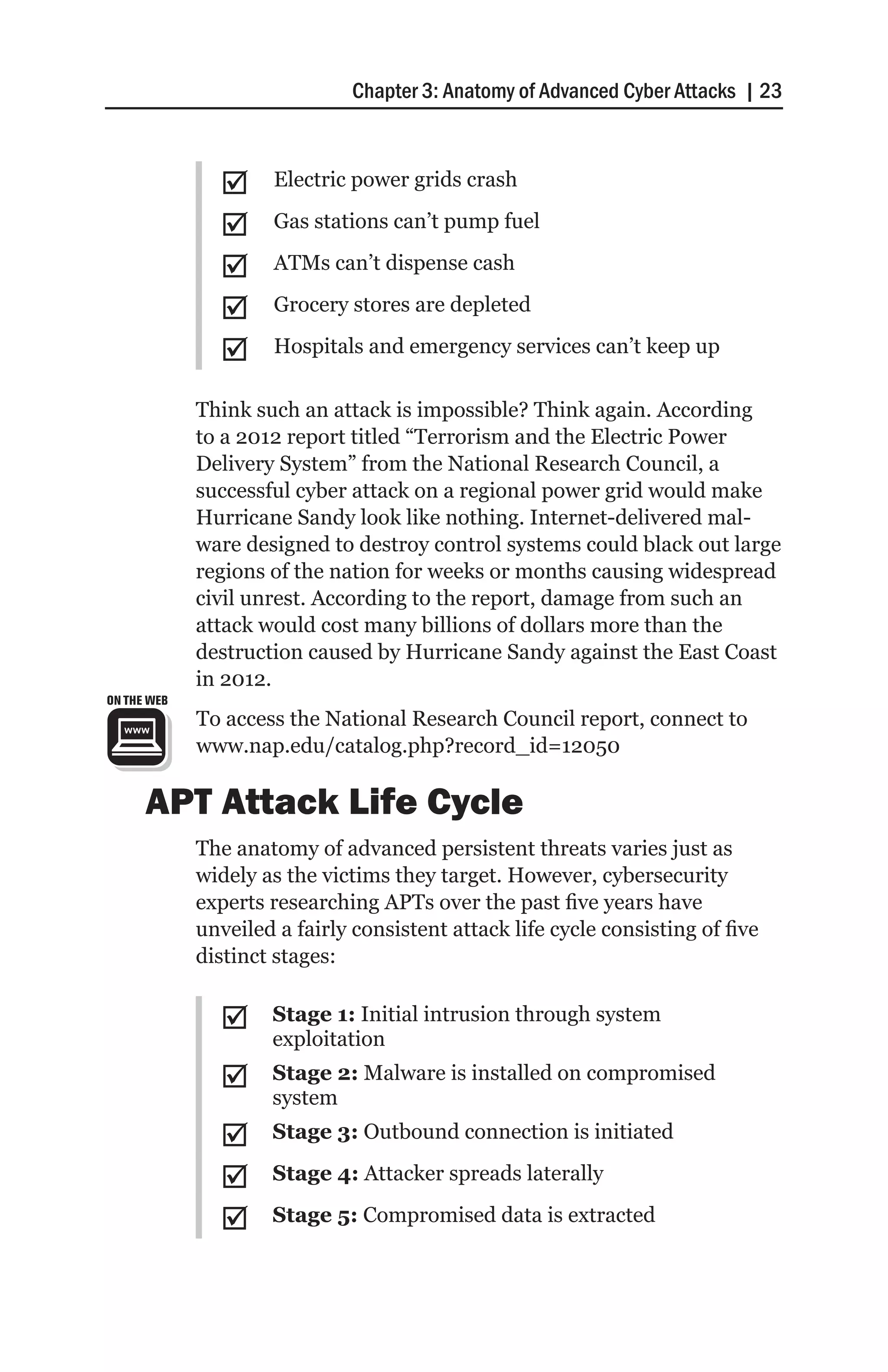 Chapter 3: Anatomy of Advanced Cyber Attacks | 23



               ;;     Electric power grids crash

               ;;     Gas stations can’t pump fuel

               ;;     ATMs can’t dispense cash

               ;;     Grocery stores are depleted

               ;;     Hospitals and emergency services can’t keep up

             Think such an attack is impossible? Think again. According
             to a 2012 report titled “Terrorism and the Electric Power
             Delivery System” from the National Research Council, a
             successful cyber attack on a regional power grid would make
             Hurricane Sandy look like nothing. Internet-delivered mal-
             ware designed to destroy control systems could black out large
             regions of the nation for weeks or months causing widespread
             civil unrest. According to the report, damage from such an
             attack would cost many billions of dollars more than the
             destruction caused by Hurricane Sandy against the East Coast
             in 2012.
ON THE WEB
             To access the National Research Council report, connect to
             www.nap.edu/catalog.php?record_id=12050

      APT Attack Life Cycle
             The anatomy of advanced persistent threats varies just as
             widely as the victims they target. However, cybersecurity
             experts researching APTs over the past five years have
             unveiled a fairly consistent attack life cycle consisting of five
             distinct stages:


               ;;    Stage 1: Initial intrusion through system
                     exploitation
               ;;    Stage 2: Malware is installed on compromised
                     system
               ;;    Stage 3: Outbound connection is initiated

               ;;    Stage 4: Attacker spreads laterally

               ;;    Stage 5: Compromised data is extracted
 