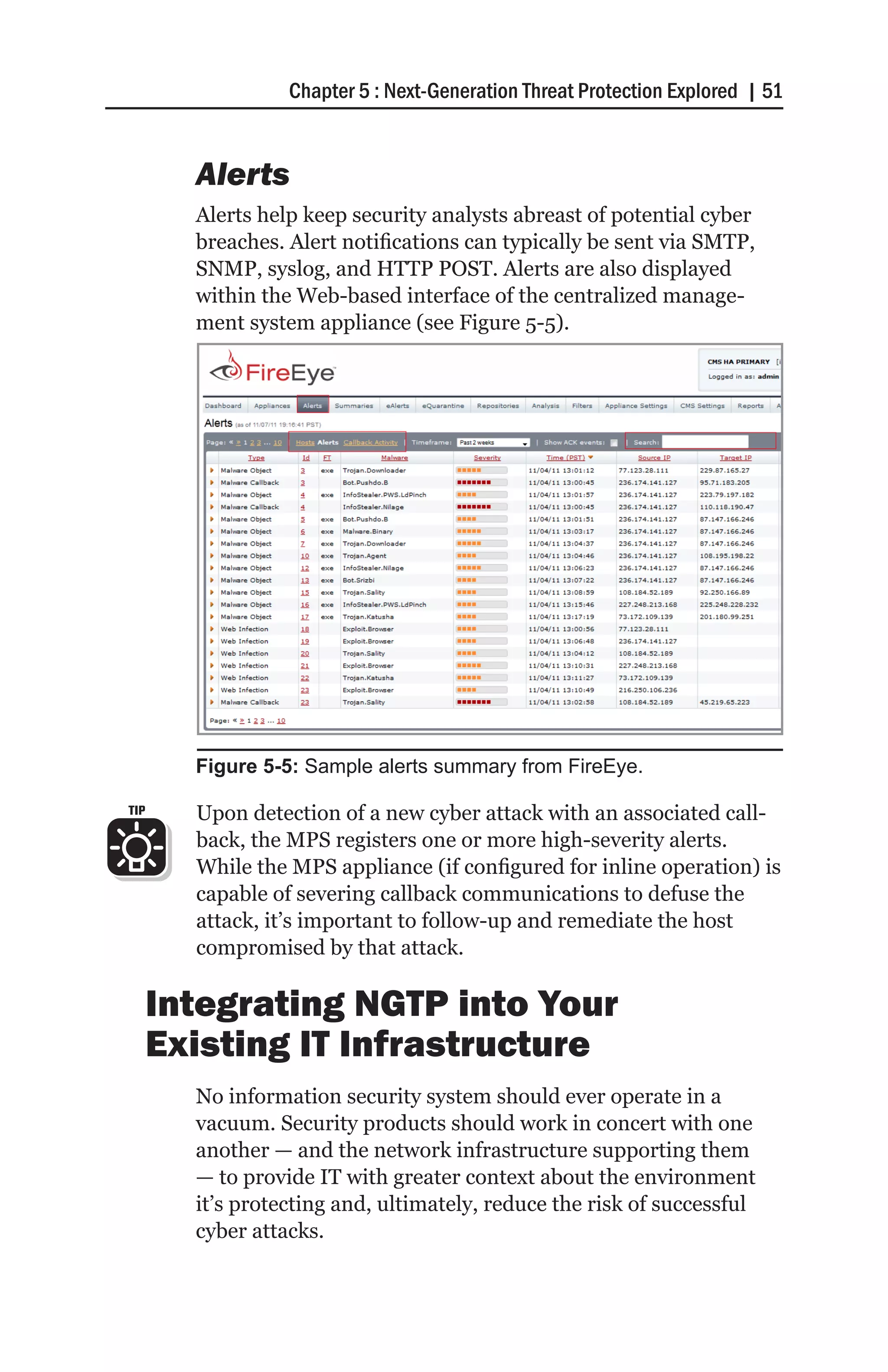 Chapter 5 : Next-Generation Threat Protection Explored | 51


        Alerts
        Alerts help keep security analysts abreast of potential cyber
        breaches. Alert notifications can typically be sent via SMTP,
        SNMP, syslog, and HTTP POST. Alerts are also displayed
        within the Web-based interface of the centralized manage-
        ment system appliance (see Figure 5-5).




        Figure 5-5: Sample alerts summary from FireEye.

TIP     Upon detection of a new cyber attack with an associated call-
        back, the MPS registers one or more high-severity alerts.
        While the MPS appliance (if configured for inline operation) is
        capable of severing callback communications to defuse the
        attack, it’s important to follow-up and remediate the host
        compromised by that attack.

      Integrating NGTP into Your
      Existing IT Infrastructure
        No information security system should ever operate in a
        vacuum. Security products should work in concert with one
        another — and the network infrastructure supporting them
        — to provide IT with greater context about the environment
        it’s protecting and, ultimately, reduce the risk of successful
        cyber attacks.
 