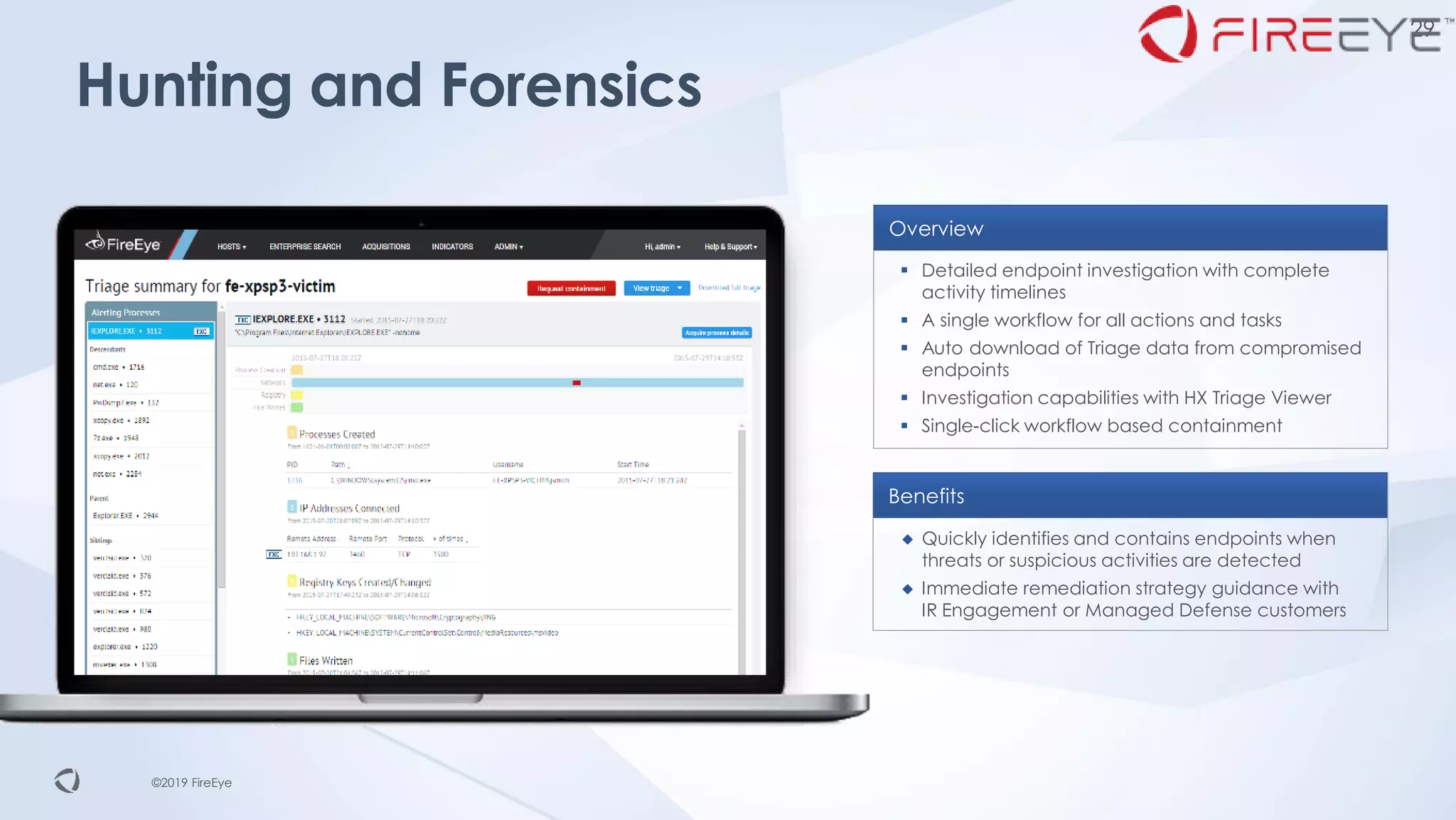 ©2019 FireEye©2019 FireEye
Hunting and Forensics
29
Overview
▪ Detailed endpoint investigation with complete
activity timelines
▪ A single workflow for all actions and tasks
▪ Auto download of Triage data from compromised
endpoints
▪ Investigation capabilities with HX Triage Viewer
▪ Single-click workflow based containment
Benefits
◆ Quickly identifies and contains endpoints when
threats or suspicious activities are detected
◆ Immediate remediation strategy guidance with
IR Engagement or Managed Defense customers
 
