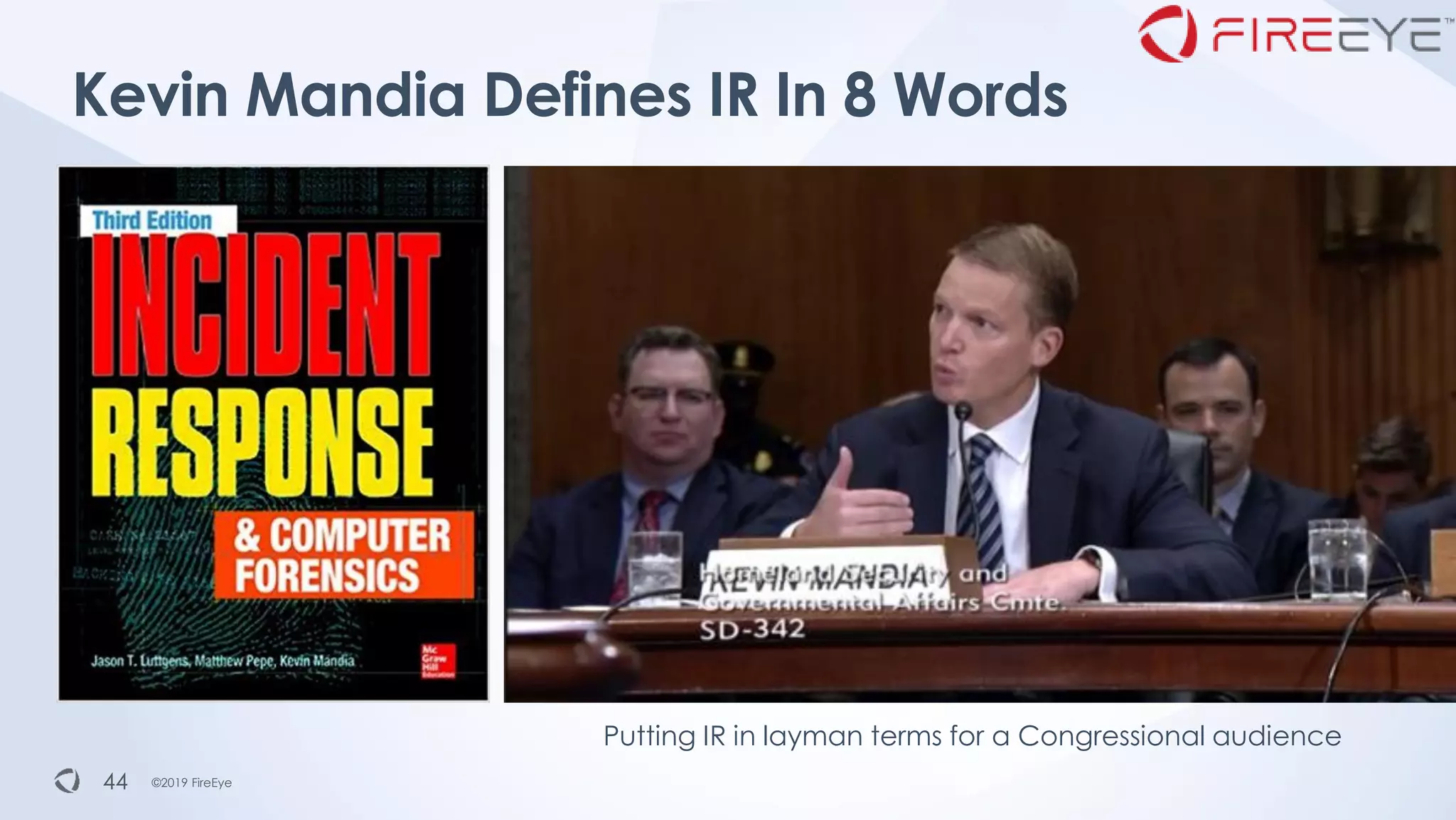 ©2019 FireEye©2019 FireEye
Kevin Mandia Defines IR In 8 Words
44
Putting IR in layman terms for a Congressional audience
 