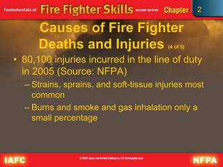 2
Causes of Fire Fighter
Deaths and Injuries (4 of 5)
• 80,100 injuries incurred in the line of duty
in 2005 (Source: NFPA)
– Strains, sprains, and soft-tissue injuries most
common
– Burns and smoke and gas inhalation only a
small percentage
 