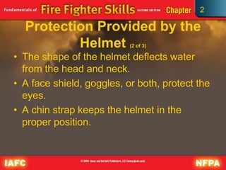 2
Protection Provided by the
Helmet (2 of 3)
• The shape of the helmet deflects water
from the head and neck.
• A face shield, goggles, or both, protect the
eyes.
• A chin strap keeps the helmet in the
proper position.
 