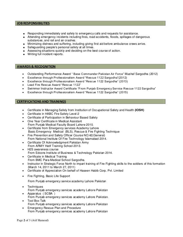 Curriculum vitae for fire service