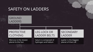 SAFETY ON LADDERS
Mercury is the closest
planet to the Sun
PROTECTIVE
CLOTHING
Saturn is composed of
hydrogen and helium
LEG LOCK OR
LADDER BELTS
Jupiter is the biggest
planet of them all
SECONDARY
LADDER
GROUND
LADDERS
 