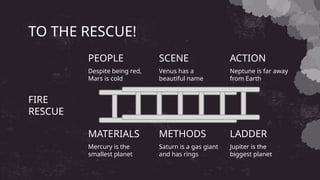 TO THE RESCUE!
Despite being red,
Mars is cold
PEOPLE
Venus has a
beautiful name
SCENE
Mercury is the
smallest planet
MATERIALS
Saturn is a gas giant
and has rings
METHODS
Neptune is far away
from Earth
ACTION
Jupiter is the
biggest planet
LADDER
FIRE
RESCUE
 
