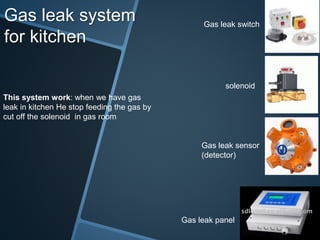 Gas leak system 
for kitchen 
This system work: when we have gas 
leak in kitchen He stop feeding the gas by 
cut off the solenoid in gas room 
Gas leak switch 
solenoid 
Gas leak sensor 
(detector) 
Gas leak panel 
 