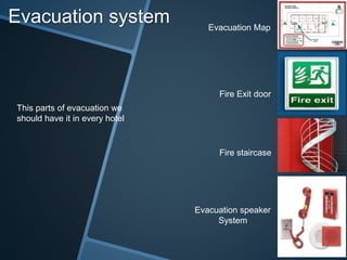 Evacuation system 
Evacuation Map 
Fire Exit door 
Fire staircase 
Evacuation speaker 
System 
This parts of evacuation we 
should have it in every hotel 
 