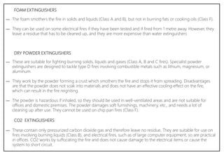 FOAM EXTINGUISHERS
― The foam smothers the fire in solids and liquids (Class A and B), but not in burning fats or cooking oils (Class F).
― They can be used on some electrical fires if they have been tested and if fired from 1 metre away. However, they
leave a residue that has to be cleaned up, and they are more expensive than water extinguishers
― These are suitable for fighting burning solids, liquids and gases (Class A, B and C fires). Specialist powder
extinguishers are designed to tackle type D fires involving combustible metals such as lithium, magnesium, or
aluminum.
― They work by the powder forming a crust which smothers the fire and stops it from spreading. Disadvantages
are that the powder does not soak into materials and does not have an effective cooling effect on the fire,
which can result in the fire reigniting.
― The powder is hazardous if inhaled, so they should be used in well-ventilated areas and are not suitable for
offices and domestic premises. The powder damages soft furnishings, machinery, etc., and needs a lot of
cleaning up after use. They cannot be used on chip pan fires (Class F).
DRY POWDER EXTINGUISHERS
― These contain only pressurized carbon dioxide gas and therefore leave no residue. They are suitable for use on
fires involving burning liquids (Class B), and electrical fires, such as of large computer equipment, so are practical
in offices. CO2 works by suffocating the fire and does not cause damage to the electrical items or cause the
system to short circuit.
CO2 EXTINGUISHERS
 