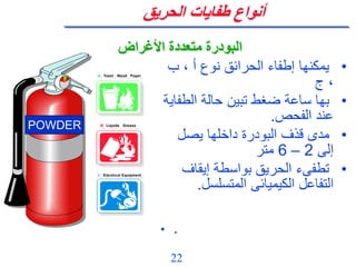 22
‫الحريق‬ ‫طفايات‬ ‫أنواع‬
•
‫ب‬ ، ‫أ‬ ‫نوع‬ ‫الحرائق‬ ‫إطفاء‬ ‫يمكنها‬
‫ج‬ ،
•
‫الطف‬ ‫حالة‬ ‫تبين‬ ‫ضغط‬ ‫ساعة‬ ‫بها‬
‫اية‬
‫الفحص‬ ‫عند‬
.
•
‫يصل‬ ‫داخلها‬ ‫البودرة‬ ‫قذف‬ ‫مدى‬
‫إلى‬
2
–
6
‫متر‬
•
‫إيقاف‬ ‫بواسطة‬ ‫الحريق‬ ‫تطفىء‬
‫المتسلسل‬ ‫الكيميائى‬ ‫التفاعل‬
.
• .
‫األغراض‬ ‫متعددة‬ ‫البودرة‬
A Trash Wood Paper
B Liquids Grease
C Electrical Equipment
A Trash Wood Paper
B Liquids Grease
C Electrical Equipment
POWDER
 