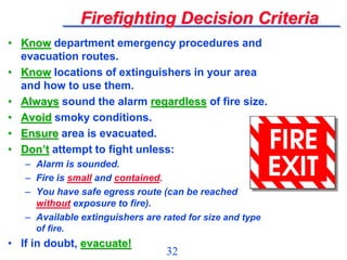 32
Firefighting Decision Criteria
• Know department emergency procedures and
evacuation routes.
• Know locations of extinguishers in your area
and how to use them.
• Always sound the alarm regardless of fire size.
• Avoid smoky conditions.
• Ensure area is evacuated.
• Don’t attempt to fight unless:
– Alarm is sounded.
– Fire is small and contained.
– You have safe egress route (can be reached
without exposure to fire).
– Available extinguishers are rated for size and type
of fire.
• If in doubt, evacuate!
 
