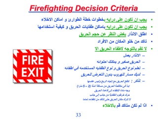 33
Firefighting Decision Criteria
•
‫درايه‬ ‫على‬ ‫تكون‬ ‫ان‬ ‫يجب‬
‫ب‬
‫االخالء‬ ‫اماكن‬ ‫و‬ ‫الطوارئ‬ ‫خطة‬ ‫خطوات‬
•
‫درايه‬ ‫على‬ ‫تكون‬ ‫ان‬ ‫يجب‬
‫استخدامها‬ ‫كيفية‬ ‫و‬ ‫الحريق‬ ‫طفايات‬ ‫باماكن‬
•
‫االنذار‬ ‫اطلق‬
‫الحريق‬ ‫حجم‬ ‫عن‬ ‫النظر‬ ‫بغض‬
•
‫االفراد‬ ‫من‬ ‫المكان‬ ‫خلو‬ ‫من‬ ‫تاكد‬
•
‫اال‬ ‫الحريق‬ ‫الطفاء‬ ‫بالتوجه‬ ‫تقم‬ ‫ال‬
–
‫يعمل‬ ‫االنذار‬
–
‫احتوائه‬ ‫يمكنك‬ ‫و‬ ‫صغير‬ ‫الحريق‬
–
‫في‬ ‫المستخدمه‬ ‫الطفايه‬ ‫نوع‬ ‫و‬ ‫الحريق‬ ‫نوع‬ ‫تعلم‬
‫اطفائه‬
–
‫للحريق‬ ‫التعرض‬ ‫بدون‬ ‫للهروب‬ ‫مسار‬ ‫لديك‬
–
‫تذكر‬
:
‫عكسها‬ ‫وليس‬ ‫الريح‬ ‫إتجاه‬ ‫مع‬ ‫الحريق‬ ‫كافح‬
‫آمنة‬ ‫مسافة‬ ‫من‬ ‫الحريق‬ ‫مكافحة‬ ‫فى‬ ‫إبدأ‬
(
2
–
5
‫مترا‬
)
‫الحريق‬ ‫قاعدة‬ ‫إلى‬ ‫اإلطفاء‬ ‫مادة‬ ‫وجه‬
‫جانب‬ ‫إلى‬ ‫جانب‬ ‫من‬ ‫الطفاية‬ ‫خرطوم‬ ‫حرك‬
‫تماما‬ ‫إطفاءه‬ ‫من‬ ‫تتأكد‬ ‫حتى‬ ‫الحريق‬ ‫مكان‬ ‫تترك‬ ‫ال‬
•
‫قم‬ ‫متاكد‬ ‫تكن‬ ‫لم‬ ‫اذا‬
‫باالخالء‬
 