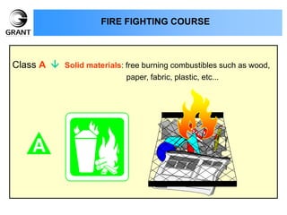 Class A  Solid materials: free burning combustibles such as wood,
paper, fabric, plastic, etc...
FIRE FIGHTING COURSE
 