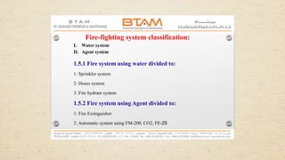 Fire-fighting system classification:
I. Water system
II. Agent system
1.5.1 Fire system using water divided to:
1: Sprinkler system
2: Hoses system
3: Fire hydrant system
1.5.2 Fire system using Agent divided to:
1: Fire Extinguisher
2: Automatic system using FM-200, CO2, FE-25
 