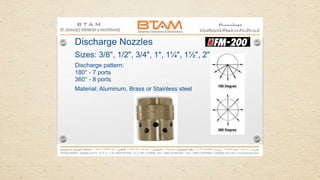 Discharge Nozzles
Sizes: 3/8", 1/2", 3/4", 1", 1¼", 1½", 2"
Discharge pattern:
180° - 7 ports
360° - 8 ports
Material: Aluminum, Brass or Stainless steel
 