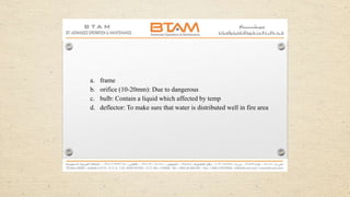 a. frame
b. orifice (10-20mm): Due to dangerous
c. bulb: Contain a liquid which affected by temp
d. deflector: To make sure that water is distributed well in fire area
 