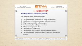 1- INSPECTION
Fire Department Connection (Quarterly)
The inspection should verify the following:
1. The fire department connections are visible and accessible.
2. Couplings or swivels are not damaged and rotate smoothly.
3. Plugs or caps are in place and undamaged.
4. Gaskets are in place and in good condition.
5. Identification signs are in place.
6. The check valve is not leaking.
7. The automatic drain valve is in place and operating properly.
8. The fire department connection clapper(s) is in place and operating
properly.
 