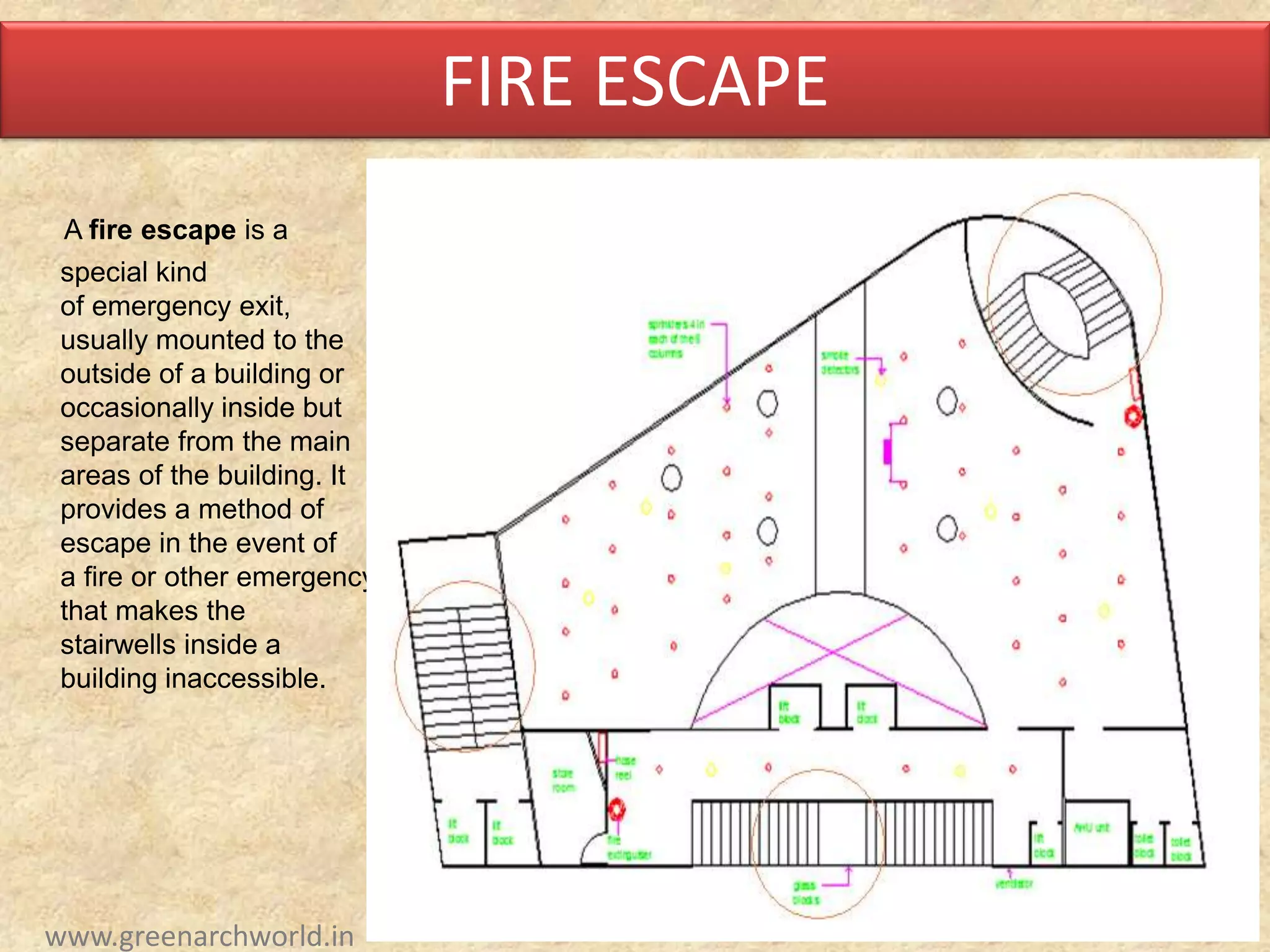 FIRE ESCAPE
A fire escape is a
special kind
of emergency exit,
usually mounted to the
outside of a building or
occasionally inside but
separate from the main
areas of the building. It
provides a method of
escape in the event of
a fire or other emergency
that makes the
stairwells inside a
building inaccessible.
www.greenarchworld.in
 