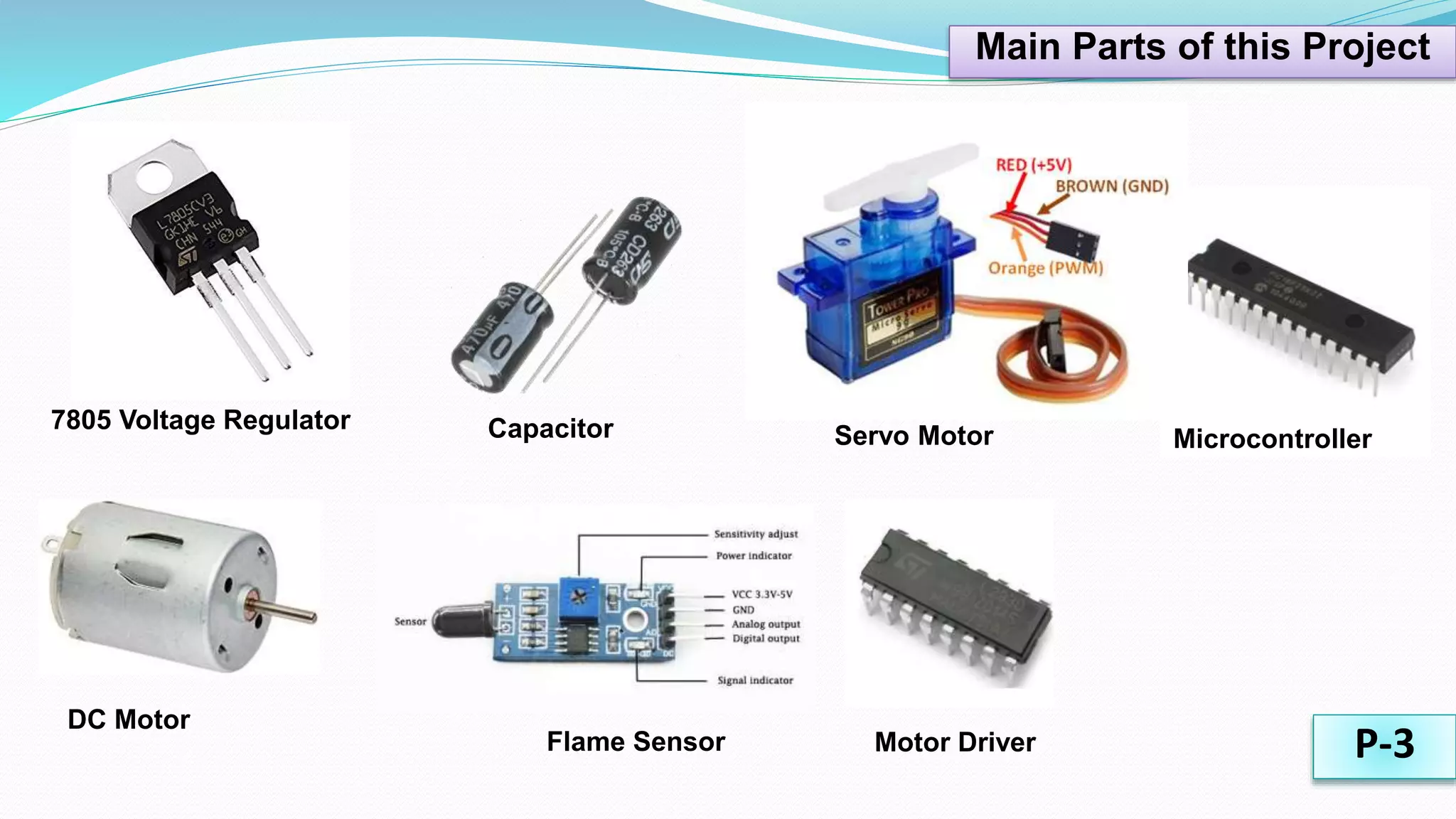 Main Parts of this Project
Capacitor7805 Voltage Regulator
Motor Driver
Servo Motor
DC Motor
Flame Sensor P-3
Microcontroller
 