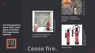 Cease fire.
In-Panel Tube Based Fire
Suppression System
Domestic / Industrial
Kitchen Fire Suppression
System
Extinguishers
Pre-Engineered
System
Wet
chemical
/
Watermist
Clean
Agent,
CO2,
Watermist,
ABC
Power
&
Foam
Fire Extinguishers,
Water Mist, Clean
Agent & Kitchen
Fire Suppression
Systems.
 
