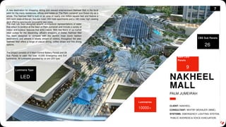 NAKHEEL
MALL
PALM JUMEIRAH
CLIENT: NAKHEEL.
CONSULTANT: WHITBY MOHAJER (WME).
SYSTEMS: EMERGENCY LIGHTING SYSTEM,
PUBLIC ADDRESS & VOICE EVACUATION.
A new destination for shopping, dining and relaxed entertainment Nakheel Mall is the focal
point for the many residences, offices and hotels on The Palm Jumeirah and Dubai city as a
whole. The Nakheel Mall is built on an area of nearly one million square feet and feature a
200-room state-of-the-art, five star hotel; 200 hotel apartments and a 180 meter high viewing
deck offering spectacular panoramic sea views.
26
CBS Sub Panels
9
Main CBS
Panels
10000+
Luminaires
The mall has been designed around architectural representations of water
that reflect its location at the heart of Palm Jumeirah and include a variety of
indoor and outdoor features that echo nature. With five floors of up-market
retail outlets for the discerning, affluent shoppers of Dubai, Nakheel Mall
has been designed to compete with the world’s most iconic fashion
destinations and attracts a steady stream of visitors, throughout the year.
Nakheel Mall offers a range of casual dining, coffee shops and fine dining
options.
The project consists of 9 Main Central Battery Panels and 26
Sub Panels to cater the total 10,000 Emergency and Exit
luminaires. All luminaries provided by us are LED type.
LED
Luminaire Type
7
 
