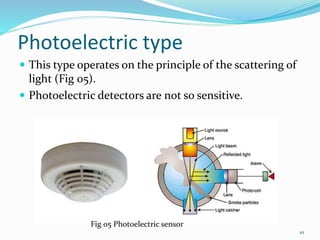 Photoelectric type
 This type operates on the principle of the scattering of
light (Fig 05).
 Photoelectric detectors are not so sensitive.
Fig 05 Photoelectric sensor
10
 