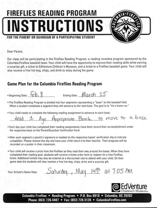 Fireflies Reading Program Instructions and Parent Form