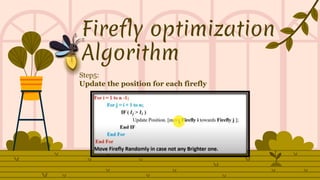 Firefly optimization
Algorithm
Step5:
Update the position for each firefly
 