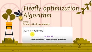 Firefly optimization
Algorithm
Step5:
Or move firefly randomly.
 