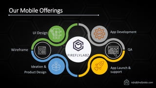 Ideation &
Product Design
Wireframe
UI Design App Development
QA
App Launch &
support
Our Mobile Offerings
info@fireflylabz.com
 