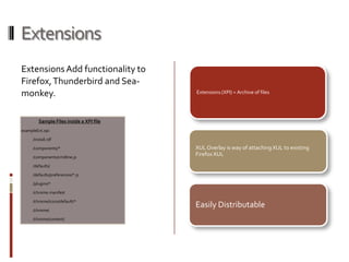 ExtensionsExtensions Add functionality to Firefox, Thunderbird and Sea-monkey.Sample Files inside a XPI fileexampleExt.xpi:              /install.rdf                                 /components/*                /components/cmdline.js                                 /defaults/              /defaults/preferences/*.js                   /plugins/*                                      /chrome.manifest              /chrome/icons/default/*                     /chrome/              /chrome/content/