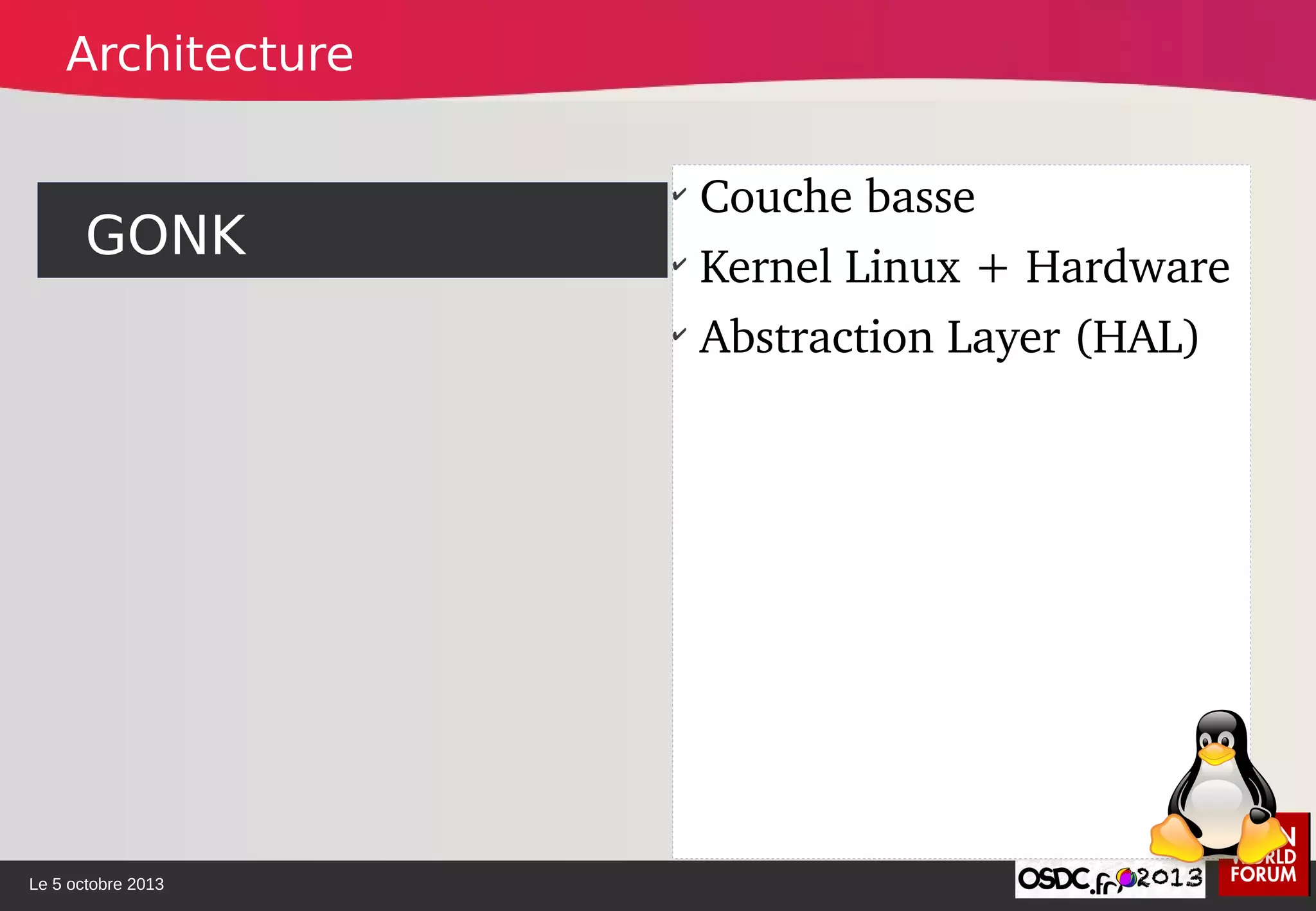 Le 5 octobre 2013
GONK
✔
 Couche basse
✔
 Kernel Linux + Hardware
✔
 Abstraction Layer (HAL) 
Architecture
 
