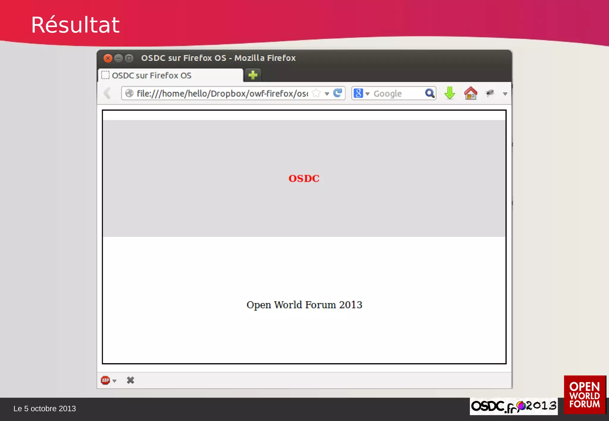 Le 5 octobre 2013
Résultat
 