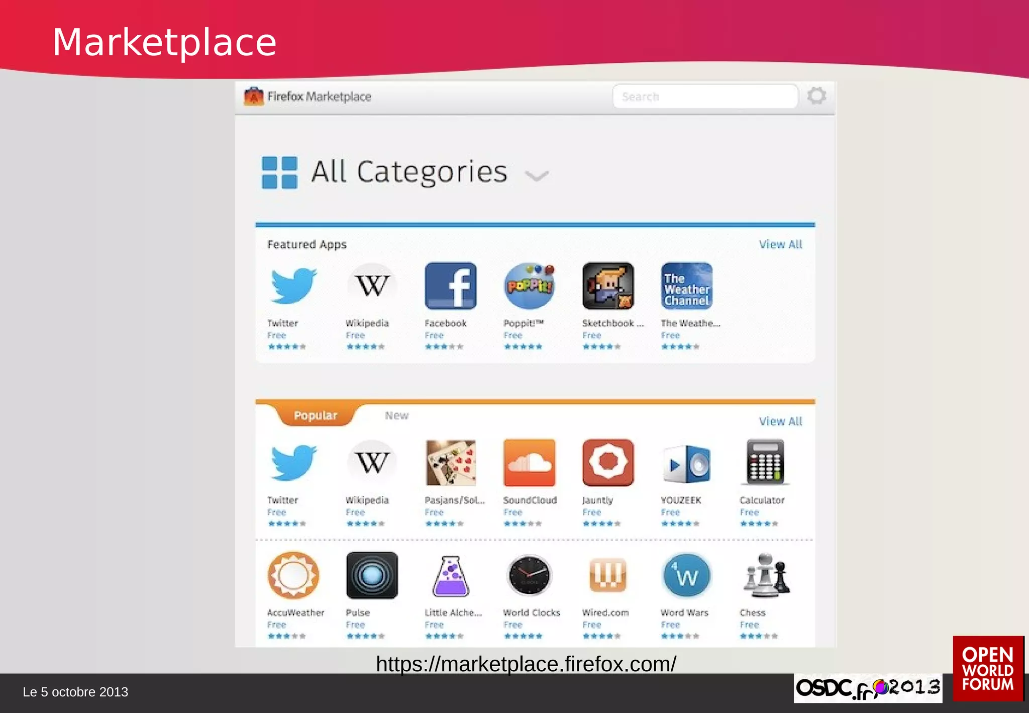 Le 5 octobre 2013
https://marketplace.firefox.com/
Marketplace
 