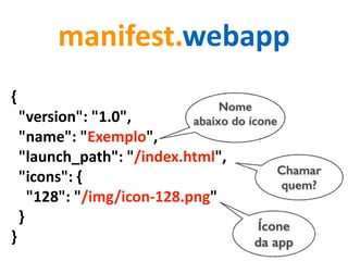 {	
  
	
  	
  "version":	
  "1.0",	
  
	
  	
  "name":	
  "Exemplo",	
  
	
  	
  "launch_path":	
  "/index.html",	
  
	
  	
  "icons":	
  {	
  
	
  	
  	
  	
  "128":	
  "/img/icon-­‐128.png"	
  
	
  	
  }	
  
}
manifest.webapp	
  
Ícone
da app
Nome
abaixo do ícone
Chamar
quem?
JSON	
  
 