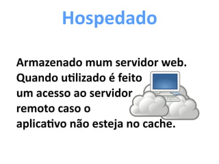 Armazenado	
  mum	
  servidor	
  web.	
  
Quando	
  uulizado	
  é	
  feito	
  	
  
um	
  acesso	
  ao	
  servidor	
  	
  
remoto	
  caso	
  o	
  	
  
aplicauvo	
  não	
  esteja	
  no	
  cache.
Hospedado
 