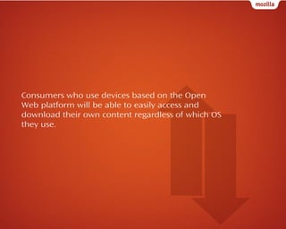 Consumers who use devices based on the Open
Web platform will be able to easily access and
download their own content regardless of which OS
they use.

 