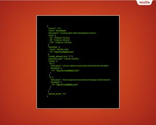 {
"version": "1.0",
"name": "MozillaBall",
"description": "Exciting Open Web development action!",
"icons": {
"16": "/img/icon-16.png",
"48": "/img/icon-48.png",
"128": "/img/icon-128.png"
},
"developer": {
"name": "Mozilla Labs",
"url": "http://mozillalabs.com"
},
"installs_allowed_from": ["*"],
"appcache_path": "/cache.manifest",
"locales": {
"es": {
"description": "¡Acción abierta emocionante del desarrollo del Web!",
"developer": {
"url": "http://es.mozillalabs.com/"
}
},
"it": {
"description": "Azione aperta emozionante di sviluppo di fotoricettore!",
"developer": {
"url": "http://it.mozillalabs.com/"
}
}
},
"default_locale": "en"
}

 