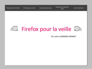 Firefox pour la veille Par Julien LOMBARD-DONNET Présentation de Firefox Firefox pour la veille Autres fonctions Firefox et le cycle de la veille Guide des extensions 
