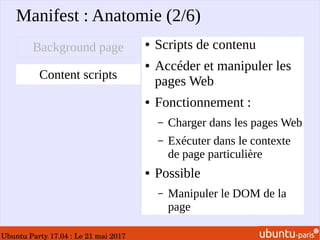 Ubuntu Party 17.04 : Le 21 mai 2017
Manifest : Anatomie (2/6)
● Scripts de contenu
● Accéder et manipuler les
pages Web
● Fonctionnement :
– Charger dans les pages Web
– Exécuter dans le contexte
de page particulière
● Possible
– Manipuler le DOM de la
page
Background page
Content scripts
 