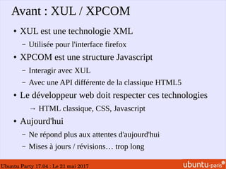Ubuntu Party 17.04 : Le 21 mai 2017
Avant : XUL / XPCOM
● XUL est une technologie XML
– Utilisée pour l'interface firefox
● XPCOM est une structure Javascript
– Interagir avec XUL
– Avec une API différente de la classique HTML5
● Le développeur web doit respecter ces technologies
→ HTML classique, CSS, Javascript
● Aujourd'hui
– Ne répond plus aux attentes d'aujourd'hui
– Mises à jours / révisions… trop long
 