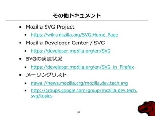 その他ドキュメント

• Mozilla SVG Project
  •   https://wiki.mozilla.org/SVG:Home_Page
• Mozilla Developer Center / SVG
  •   https://developer.mozilla.org/en/SVG
• SVGの実装状況
  •   https://developer.mozilla.org/en/SVG_in_Firefox
• メーリングリスト
  •   news://news.mozilla.org/mozilla.dev.tech.svg
  •   http://groups.google.com/group/mozilla.dev.tech.
      svg/topics


                          14
 