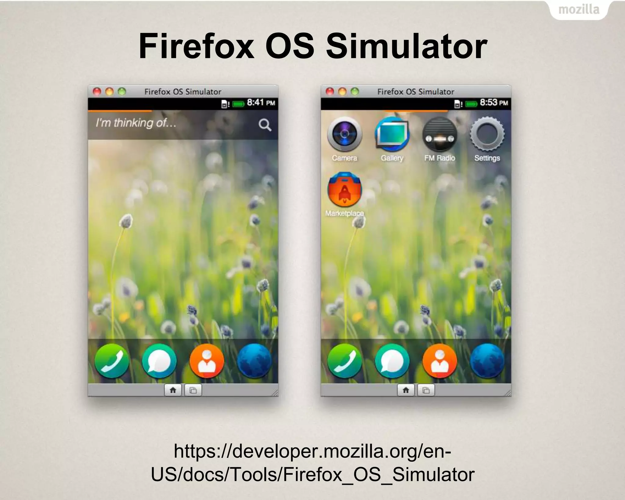 Firefox OS Simulator
https://developer.mozilla.org/en-
US/docs/Tools/Firefox_OS_Simulator
 